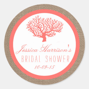 Pegatina Redonda Coral En Burlap Beach Bridal Shower Pegatinas