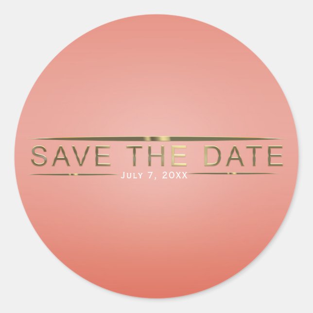 Pegatina Redonda Coral Peach y Shiny Gold Modern Save the Date (Anverso)