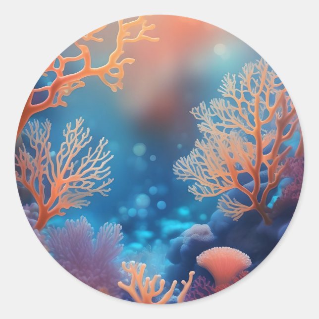 Pegatina Redonda Corales sanos en océano limpio. (Anverso)