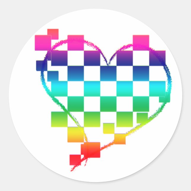 Pegatina Redonda corazón a cuadros. v1. (Anverso)