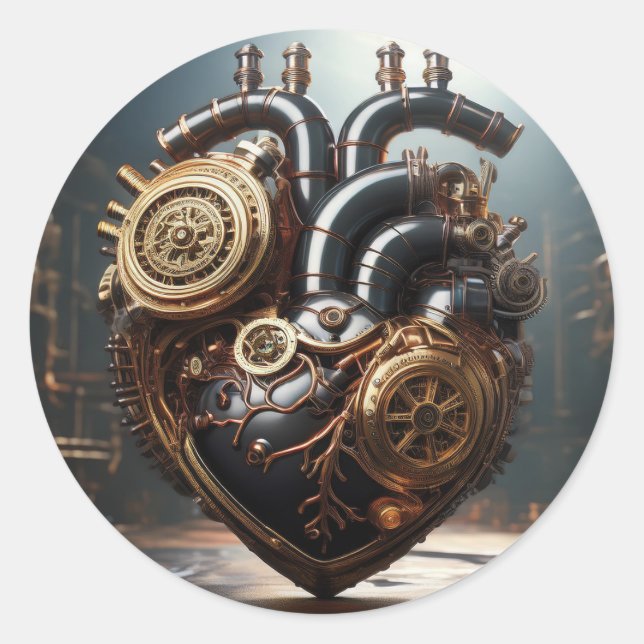 Pegatina Redonda Corazón artificial de Steampunk (Anverso)
