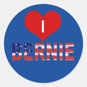 Pegatina Redonda ¡Corazón BERNIE! En azul con bandera