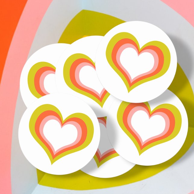 Pegatina Redonda Corazón Boda del Cítrico Audaz (Bold Retro Citrus Wedding Heart Classic Round Stickers from Ricaso)