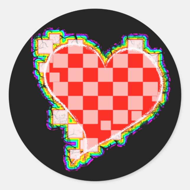 Pegatina Redonda corazón con cuadros. v2. (Anverso)