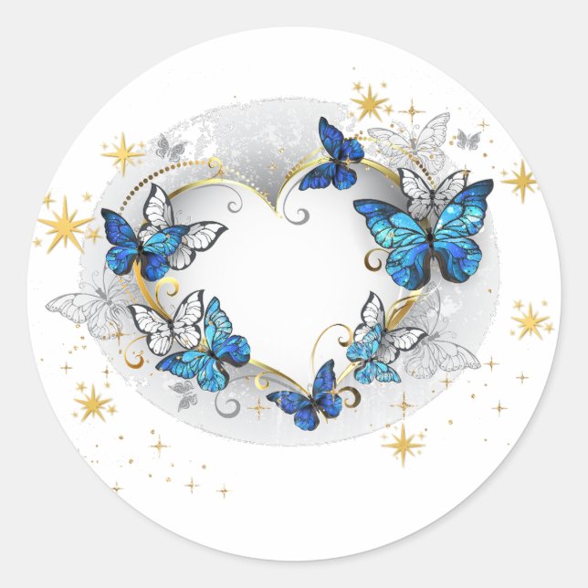 Pegatina Redonda Corazón con Mariposas Morpho (Anverso)