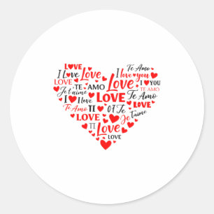 Pegatina Redonda Corazón de amor multilingüe te amo romántico San V