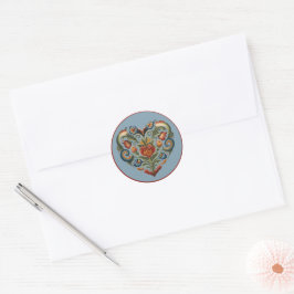 Pegatina Redonda Corazón de Arte Popular Rosemaling noruego