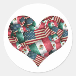 Pegatina Redonda Corazón de banderas mexicano/estadounidense