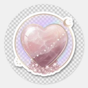 Pegatina Redonda Corazón de Cristal de Cuarzo Rosa Luna Celestial