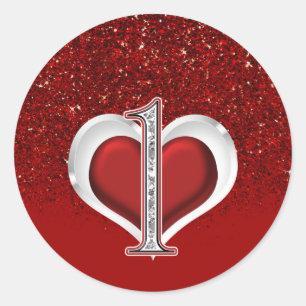 Pegatina Redonda Corazón de Diamante Rojo Brillo Destello Cumpleaño