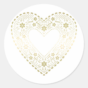 Pegatina Redonda Corazón de encaje dorado