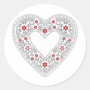 Pegatina Redonda Corazón de encaje rojo y blanco