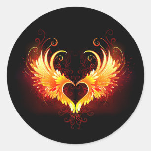 Pegatina Redonda Corazón de Fuego Ángel con Alas