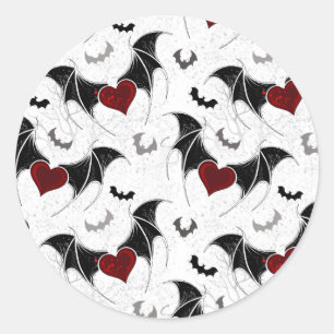 Pegatina Redonda Corazón de Halloween con alas de murciélago negras