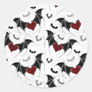 Pegatina Redonda Corazón de Halloween con alas de murciélago negras