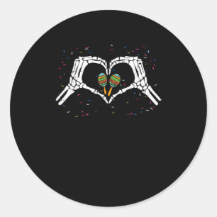 Pegatina Redonda Corazón de la mano de esqueleto Maracas Cinco De M