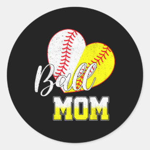 Pegatina Redonda Corazón de mamá Béisbol Softbol Mamá Mujeres Madre