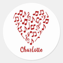 Pegatina Redonda Corazón de Música Corazón de Notas Musicales Rojas