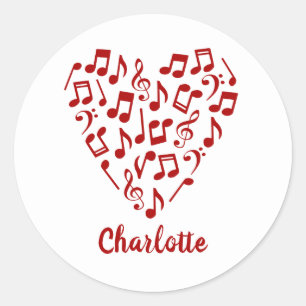 Pegatina Redonda Corazón de Música Notas de Música Roja con Nombre