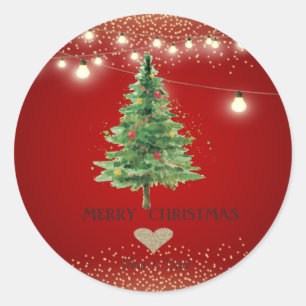 Pegatina Redonda Corazón de Oro, Árbol de Navidad de Acuarela, Luce