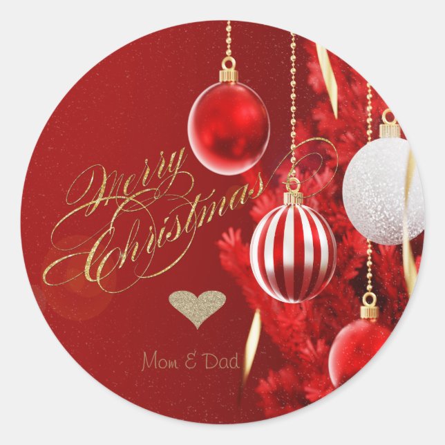 Pegatina Redonda Corazón de oro elegante, adornos navideños rojos (Anverso)