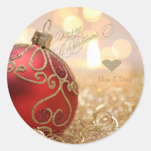 Pegatina Redonda Corazón de oro elegante, bola de Navidad blanca