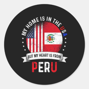 Pegatina Redonda Corazón de patriota americano peruano es de la ban