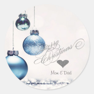Pegatina Redonda Corazón de plata elegante, bolas de Navidad azules