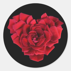 Pegatina Redonda Corazón de Rosa Roja Romántica sobre Negro