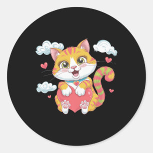 Pegatina Redonda Corazón de San Valentín Gatito Amor Gato Arcoiris