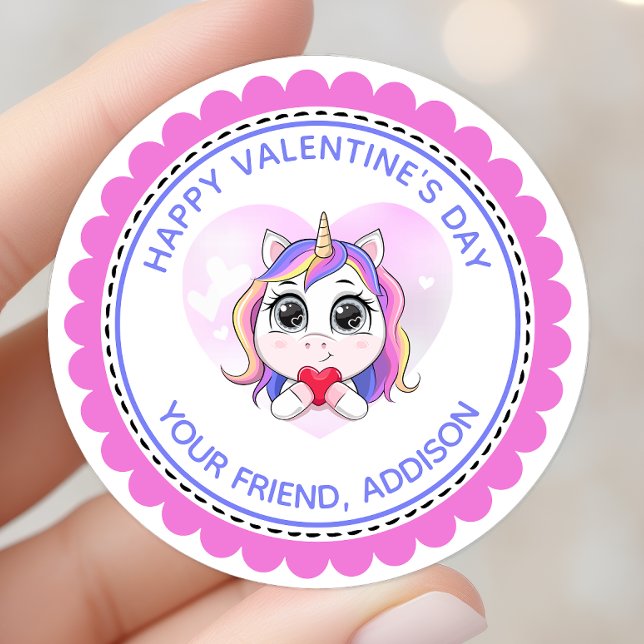 Pegatina Redonda Corazón de unicornio lindo Valentine personalizado (Subido por el creador)