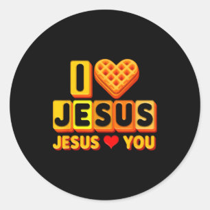 Pegatina Redonda Corazón de Waffle Amo a Jesús Divertido Desayuno C