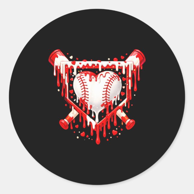 Pegatina Redonda Corazón Divertido Helado de Goteo de Béisbol Día d (Anverso)