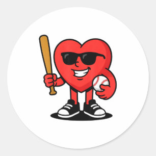 Pegatina Redonda Corazón Divertido Jugando Béisbol San Valentín Fan