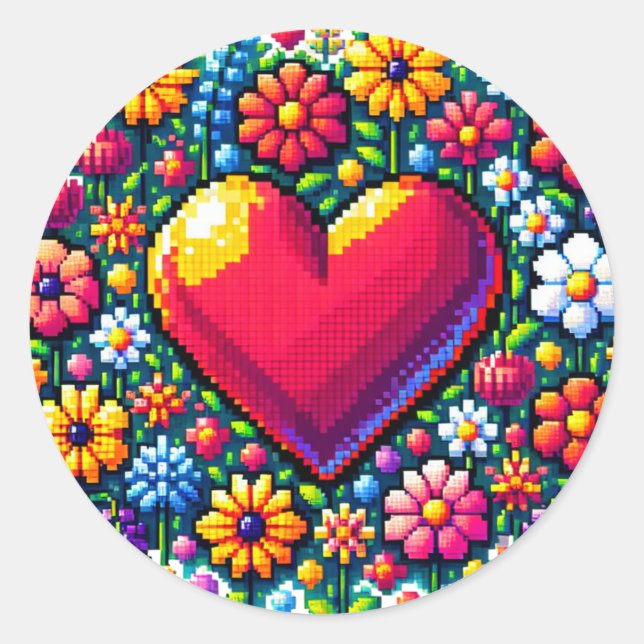 Pegatina Redonda Corazón en flores Arte Pixel (Anverso)