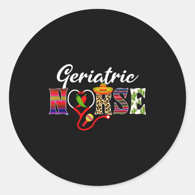 Pegatina Redonda Corazón estetoscopio enfermera geriática cinco de  (Anverso)