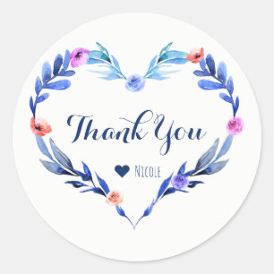 Pegatina Redonda Corazón floral azul brillante botánico elegante fa