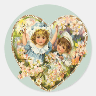 Pegatina Redonda Corazón floral de niño y Chica