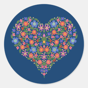 Pegatina Redonda Corazón floral del estilo del arte popular, hoja