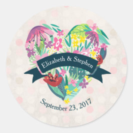 Pegatina Redonda Corazón floral dulce con Boda de flores tropicales