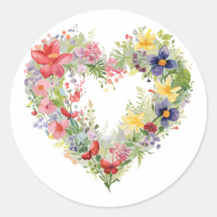 Pegatina Redonda Corazón floral - Flores de primavera en acuarelas