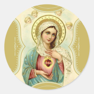 Pegatina Redonda Corazón inmaculado vintage de Mary con cherubs