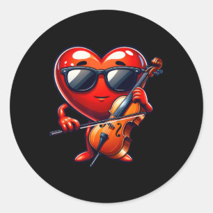 Pegatina Redonda Corazón Jugando Cello Día de San Valentín Valentin