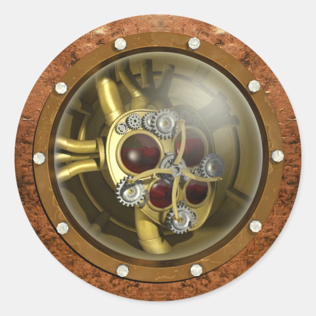 Pegatina Redonda Corazón Mecánico de Steampunk (Anverso)