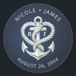 Pegatina Redonda Corazón Náutico Cuerda Ancla Costero Boda Marina<br><div class="desc">personalizar con cualquier texto.</div>