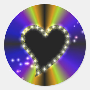 Pegatina Redonda Corazón negro con estrellas en arcoiris amarillo p