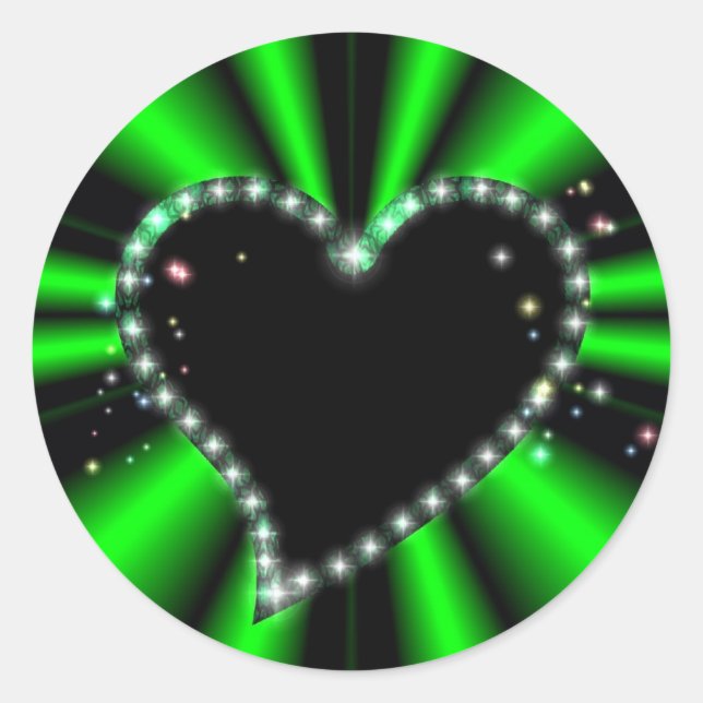 Pegatina Redonda Corazón negro con estrellas en arcoiris verde (Anverso)
