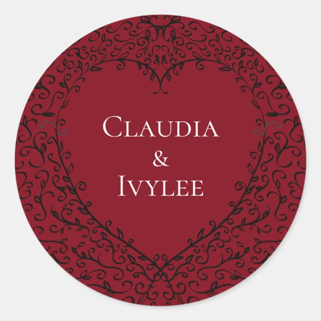 Pegatina Redonda Corazón negro rojo Boda gótico (Anverso)