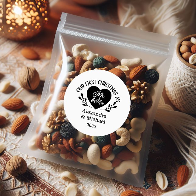 Pegatina Redonda Corazón Primera Navidad como Sr. y Sra. (Subido por el creador)