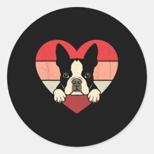 Pegatina Redonda Corazón Retro Boston Terrier Perro Vintage San Val
